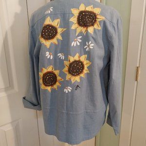 2570 Size 14 Lana Sport Upcycled Painted Zip Up Jean Jacket